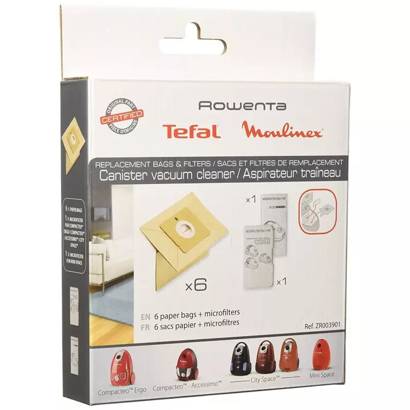 Lot de replacement pour ROWENTA aspirateur-traineau : 6 sacs papier + 1 microfiltre. MOULINEX